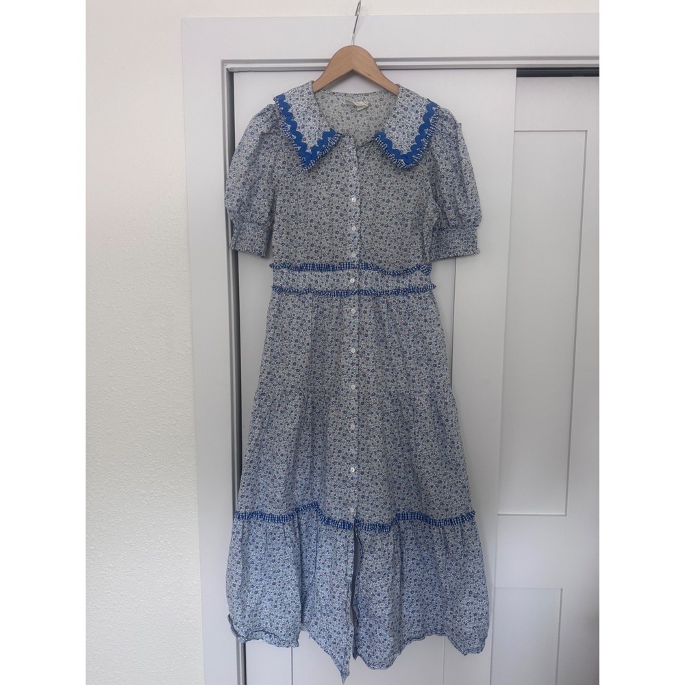 Hyacinth House Blue Floral Ric Rac Peter Pan Collar Tiered Midi Dress Small